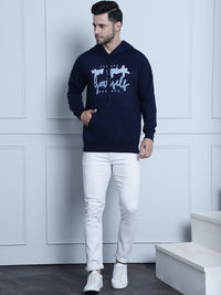 Vimal Jonney Navy Blue Printed Hooded Cotton Fleece Sweatshirt for Men