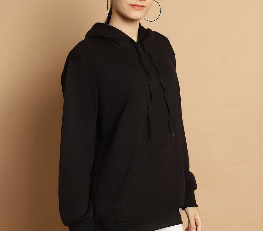 Vimal Jonney Black Solid Hooded Cotton Fleece Sweatshirt for Women