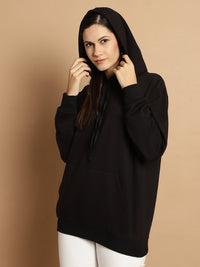 Vimal Jonney Black Solid Hooded Cotton Fleece Sweatshirt for Women