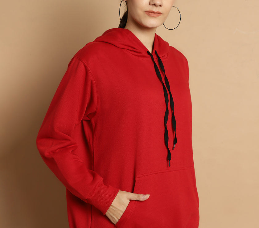 Vimal Jonney Maroon Solid Hooded Cotton Fleece Sweatshirt for Women