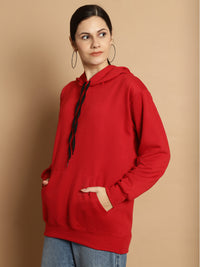 Vimal Jonney Maroon Solid Hooded Cotton Fleece Sweatshirt for Women