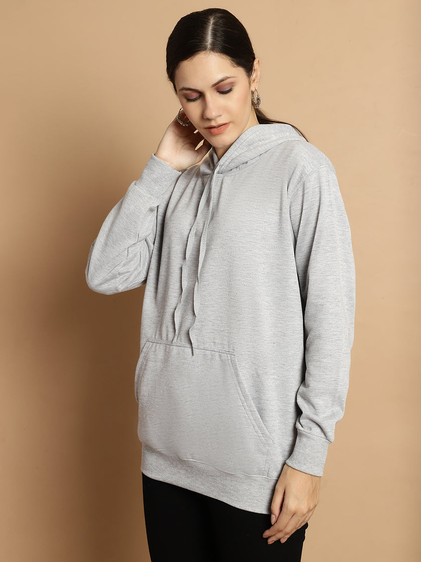 Vimal Jonney Grey Melange Solid Hooded Cotton Fleece Sweatshirt for Women