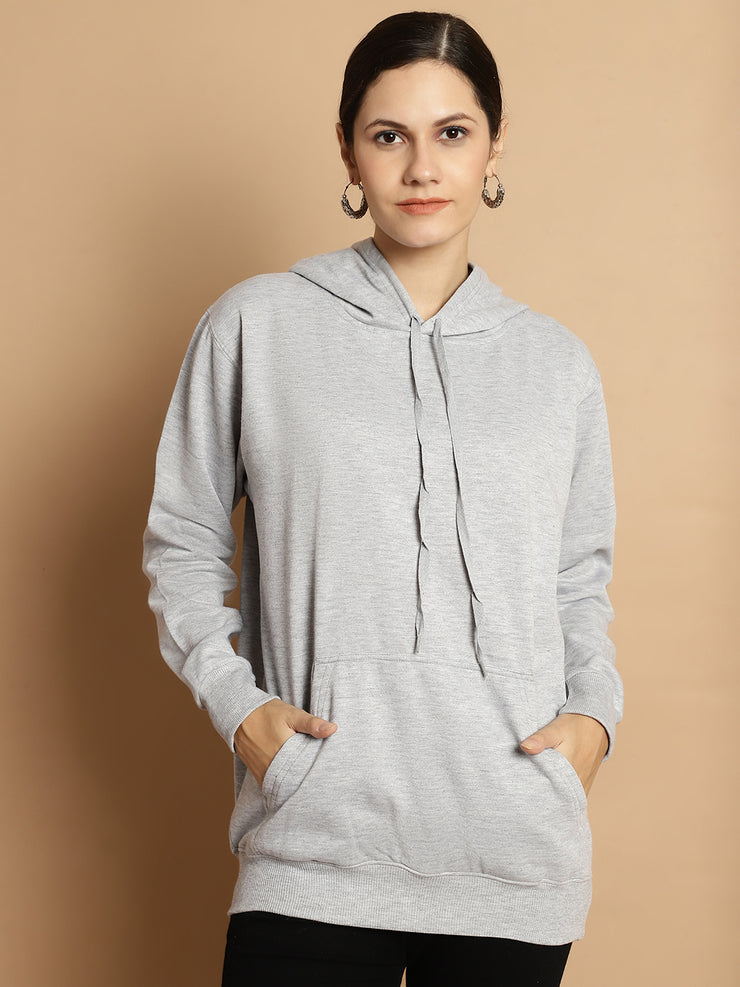 Vimal Jonney Grey Melange Solid Hooded Cotton Fleece Sweatshirt for Women