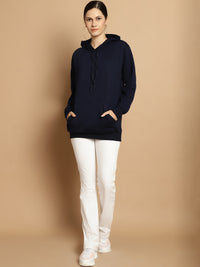 Vimal Jonney Navy Blue Solid Hooded Cotton Fleece Sweatshirt for Women