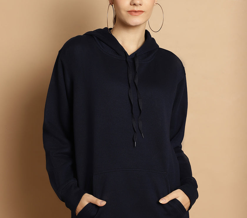 Vimal Jonney Navy Blue Solid Hooded Cotton Fleece Sweatshirt for Women