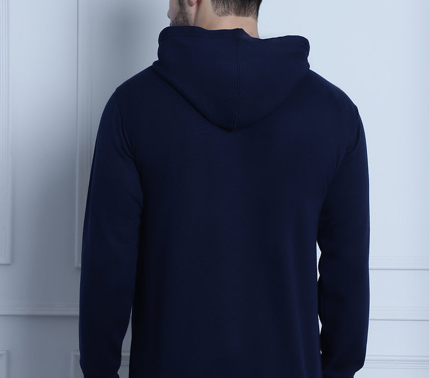 Vimal Jonney Navy Blue Solid Hooded Cotton Fleece Sweatshirt for Men