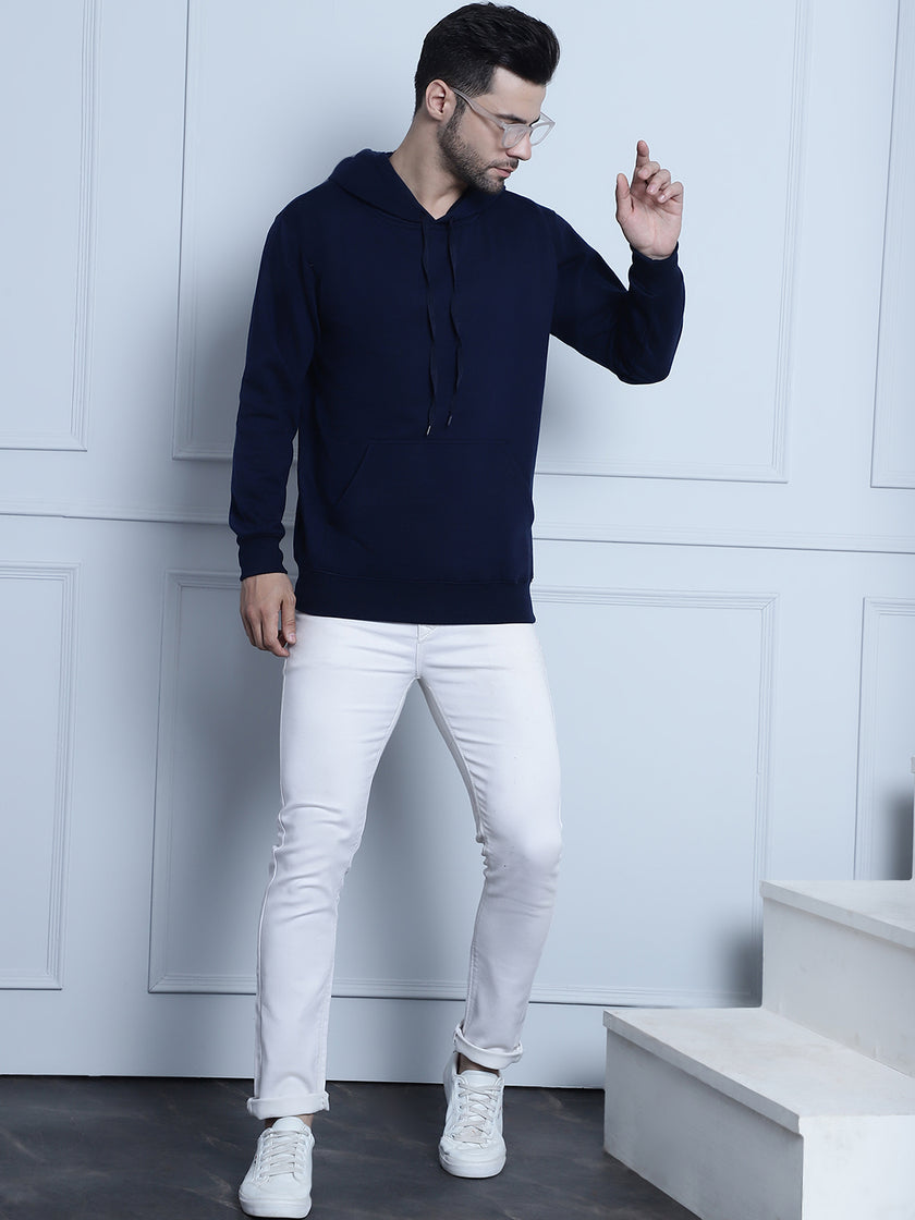 Vimal Jonney Navy Blue Solid Hooded Cotton Fleece Sweatshirt for Men