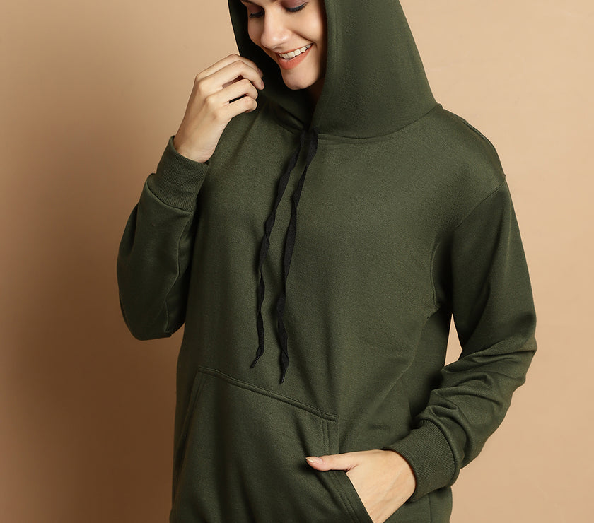 Vimal Jonney Olive Solid Hooded Cotton Fleece Sweatshirt for Women