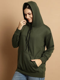 Vimal Jonney Olive Solid Hooded Cotton Fleece Sweatshirt for Women