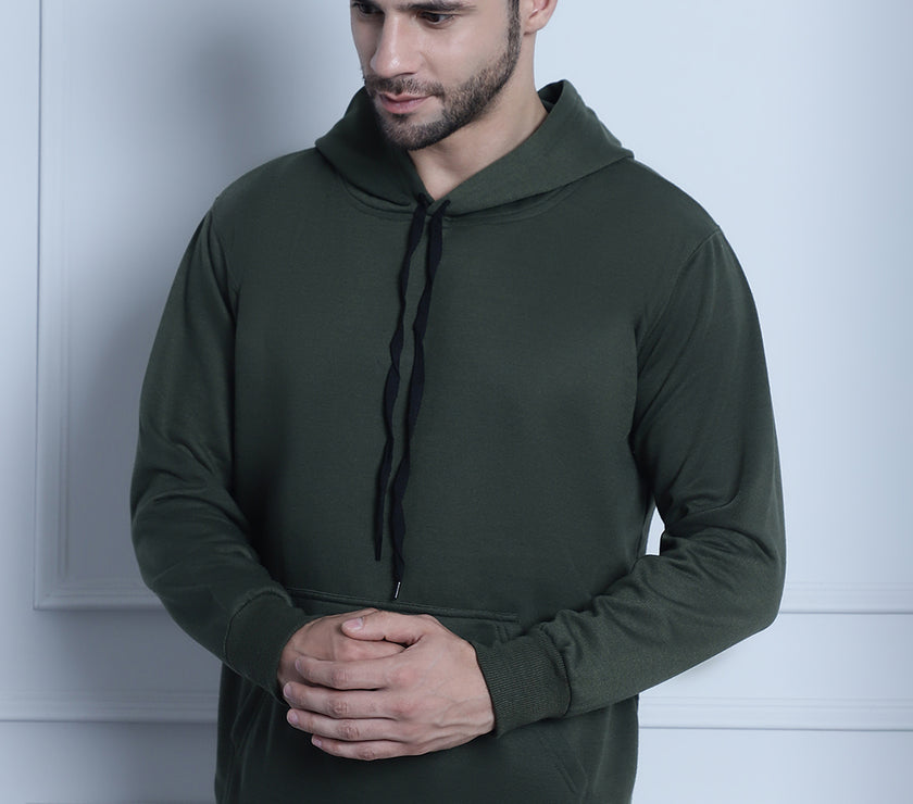 Vimal Jonney Olive Solid Hooded Cotton Fleece Sweatshirt for Men