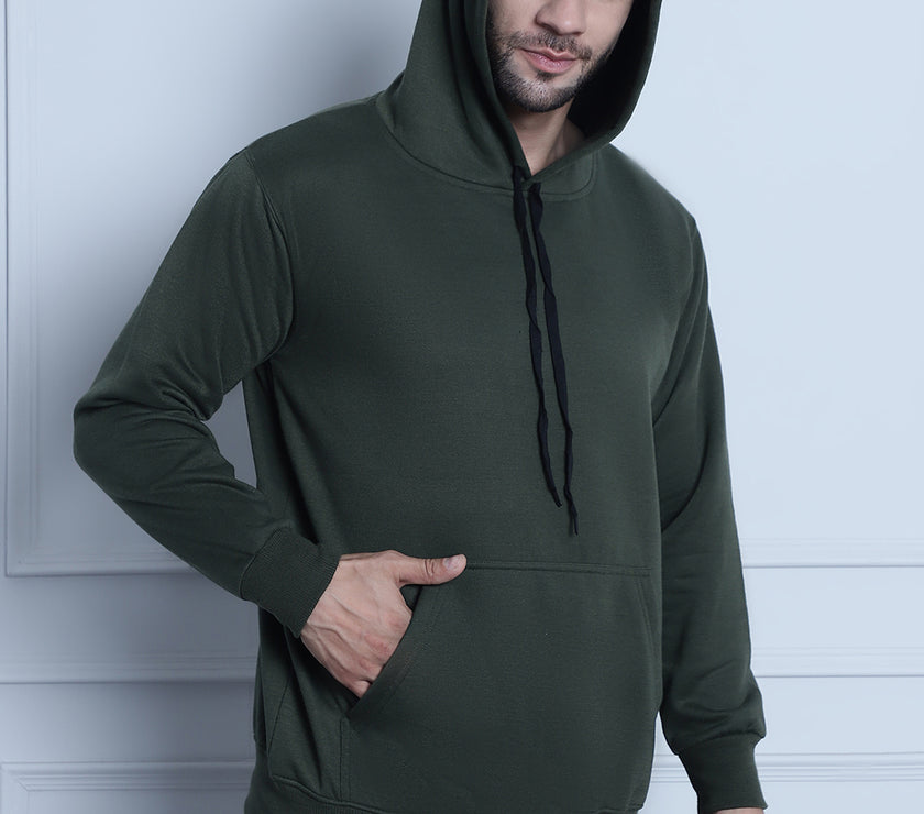 Vimal Jonney Olive Solid Hooded Cotton Fleece Sweatshirt for Men