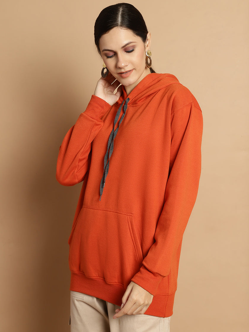 Vimal Jonney Rust Solid Hooded Cotton Fleece Sweatshirt for Women