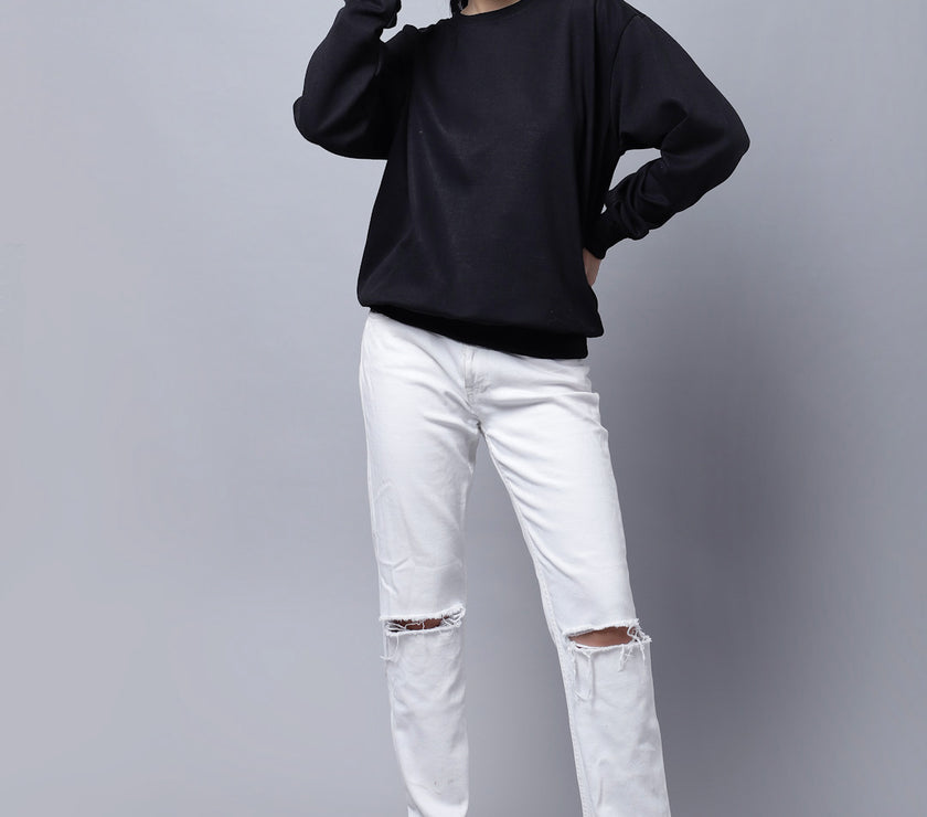 Vimal Jonney Fleece Round Neck Black Sweatshirt For Women