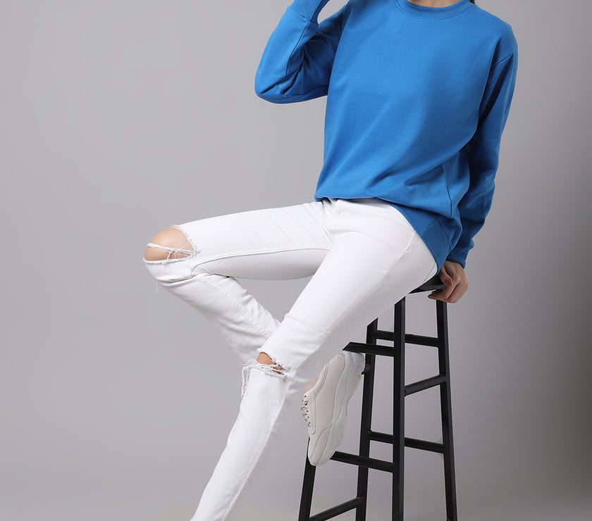 Vimal Jonney Fleece Round Neck Blue Sweatshirt For Women