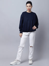 Vimal Jonney Fleece Round Neck Navy Blue Sweatshirt For Women