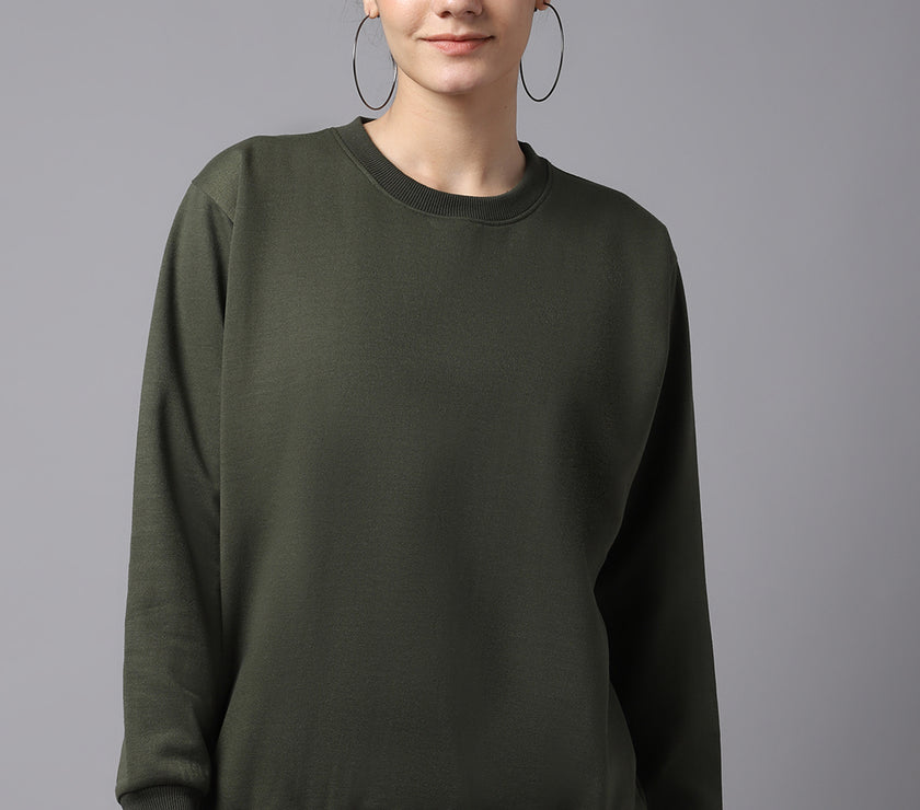 Vimal Jonney Fleece Round Neck Olive Sweatshirt For Women