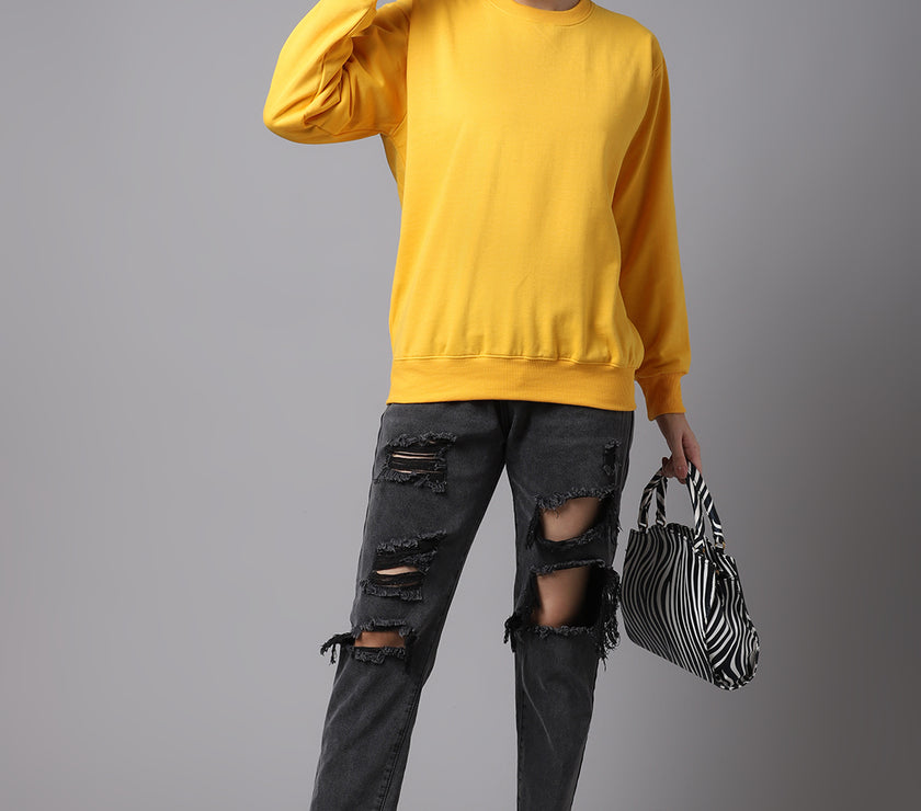 Vimal Jonney Fleece Round Neck Yellow Sweatshirt For Women