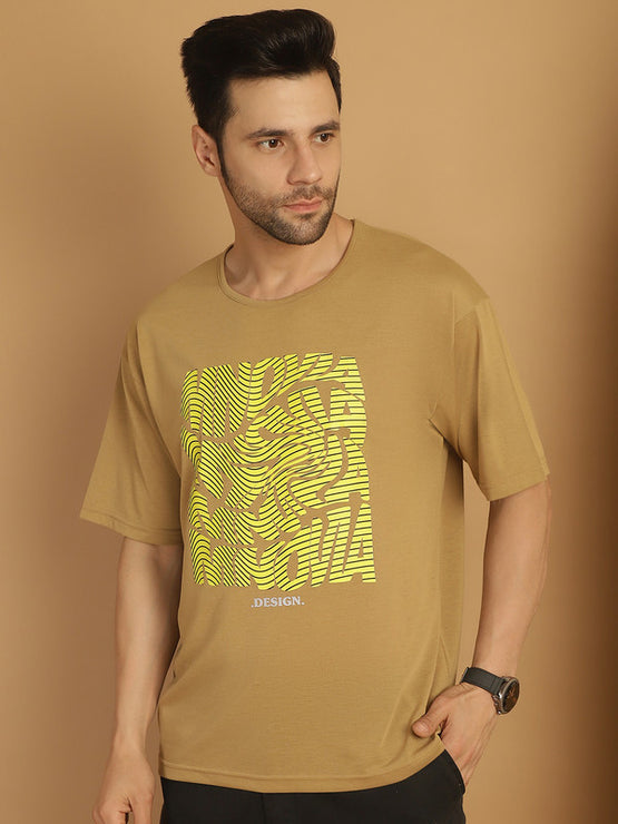 Vimal Jonney Printed Beige Round Neck Cotton Oversize Half sleeves Tshirt For Men