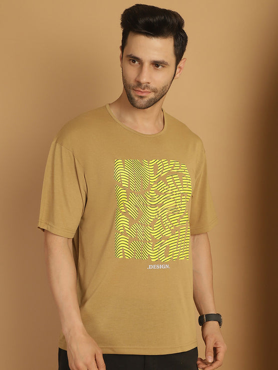 Vimal Jonney Printed Beige Round Neck Cotton Oversize Half sleeves Tshirt For Men