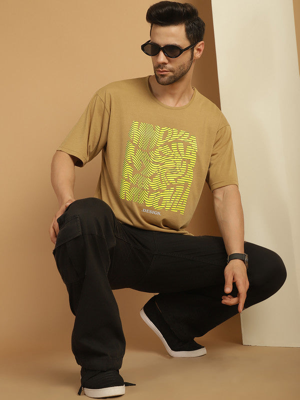 Vimal Jonney Printed Beige Round Neck Cotton Oversize Half sleeves Tshirt For Men