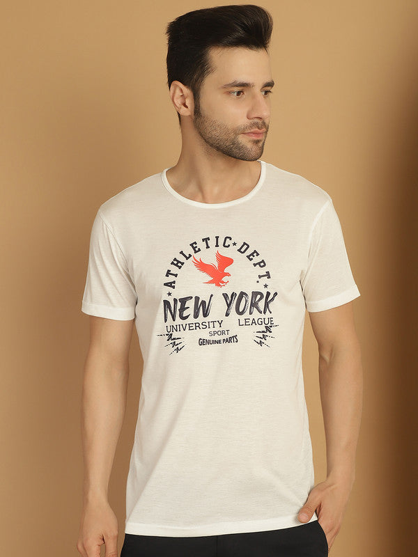 Vimal Jonney Printed White Round Neck Cotton Half sleeves Tshirt For Men