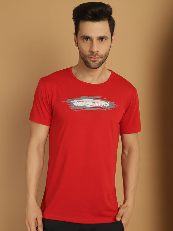 Vimal Jonney Printed Red Round Neck Cotton Half sleeves Tshirt For Men