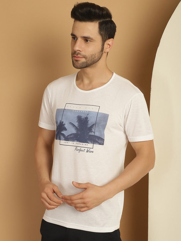 Vimal Jonney Printed White Round Neck Cotton Half sleeves Tshirt For Men