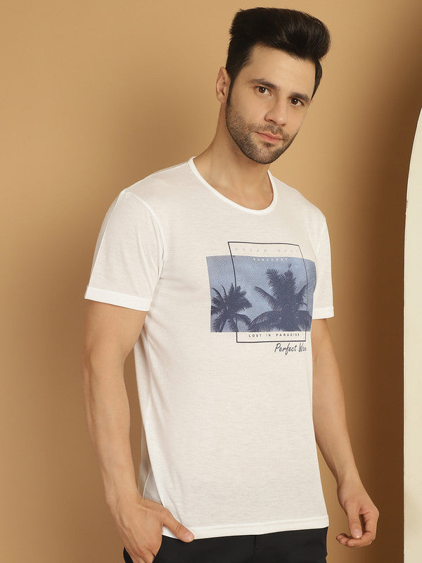 Vimal Jonney Printed White Round Neck Cotton Half sleeves Tshirt For Men