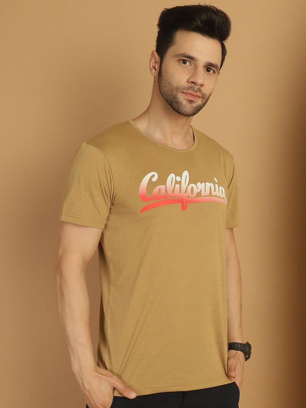 Vimal Jonney Printed Beige Round Neck Cotton Half sleeves Tshirt For Men