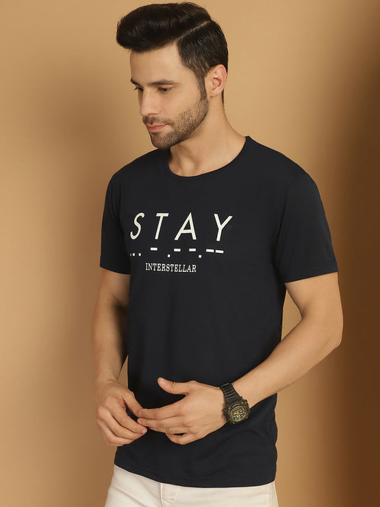 Vimal Jonney Printed Navy Blue Round Neck Cotton Half sleeves Tshirt For Men