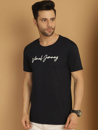 Vimal Jonney Navy Blue Logo Printed Round Neck Cotton Half sleeves Tshirt For Men