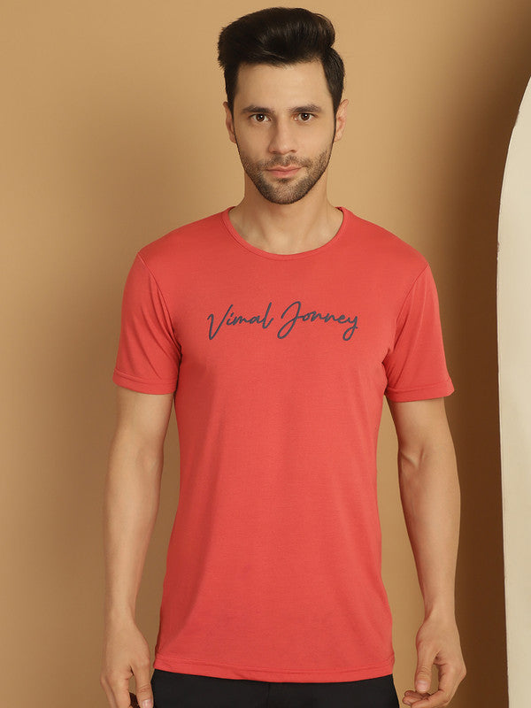 Vimal Jonney Pink Logo Printed Round Neck Cotton Half sleeves Tshirt For Men