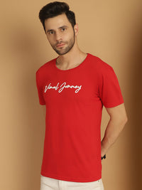 Vimal Jonney Red Logo Printed Round Neck Cotton Half sleeves Tshirt For Men