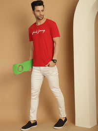 Vimal Jonney Red Logo Printed Round Neck Cotton Half sleeves Tshirt For Men