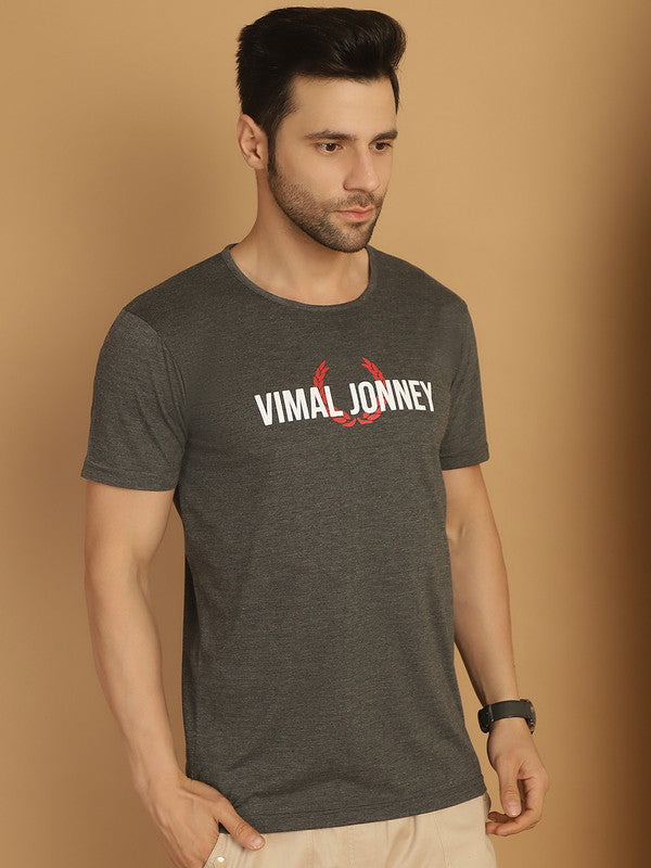 Vimal Jonney Grey Logo Printed Round Neck Cotton Half sleeves Tshirt For Men