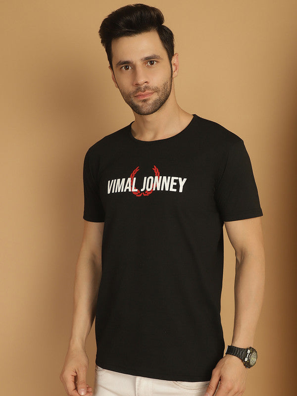 Vimal Jonney Black Logo Printed Round Neck Cotton Half sleeves Tshirt For Men