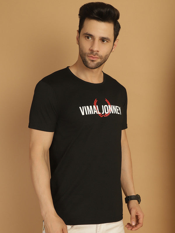 Vimal Jonney Black Logo Printed Round Neck Cotton Half sleeves Tshirt For Men