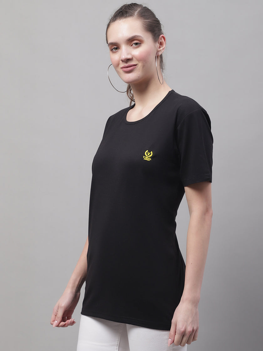 Vimal Jonney Round Neck Cotton Solid Black T-Shirt for Women
