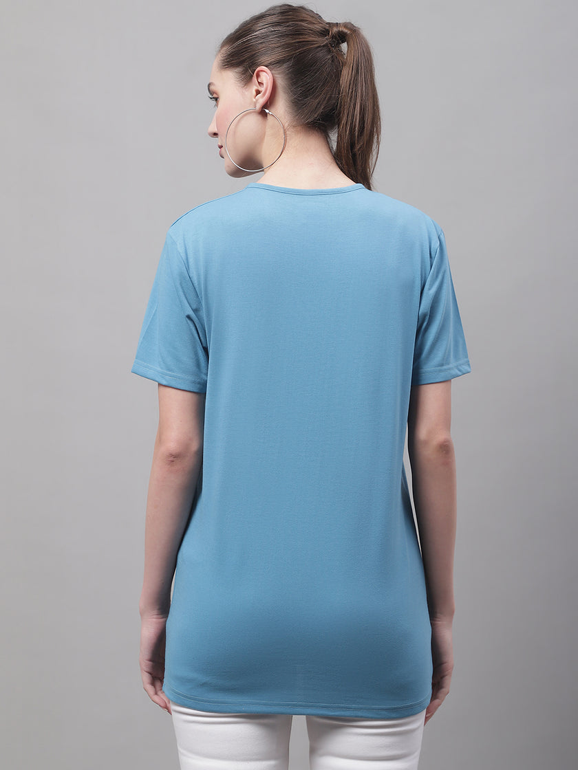 Vimal Jonney Round Neck Cotton Solid Blue T-Shirt for Women