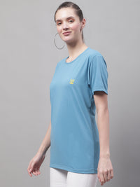 Vimal Jonney Round Neck Cotton Solid Blue T-Shirt for Women