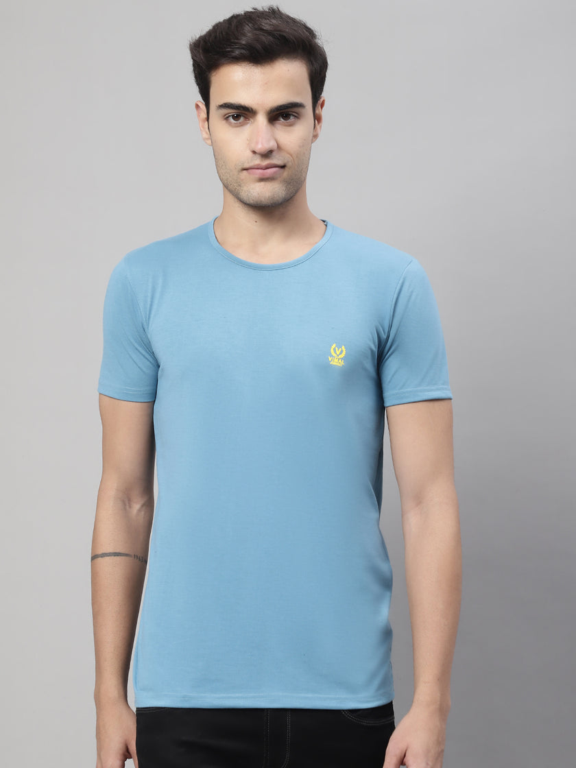 Vimal Jonney Round Neck Cotton Solid Blue T-Shirt for Men