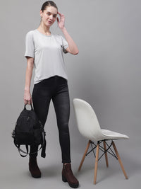 Vimal Jonney Round Neck Cotton Solid Light Grey T-Shirt for Women