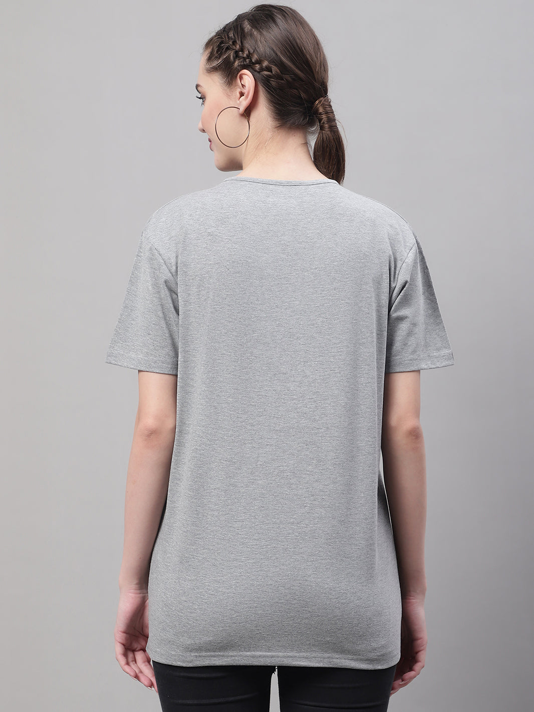 Vimal Jonney Round Neck Cotton Solid Grey Melange T-Shirt for Women