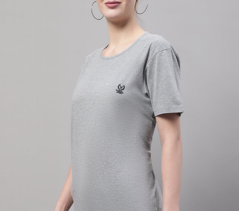 Vimal Jonney Round Neck Cotton Solid Grey Melange T-Shirt for Women