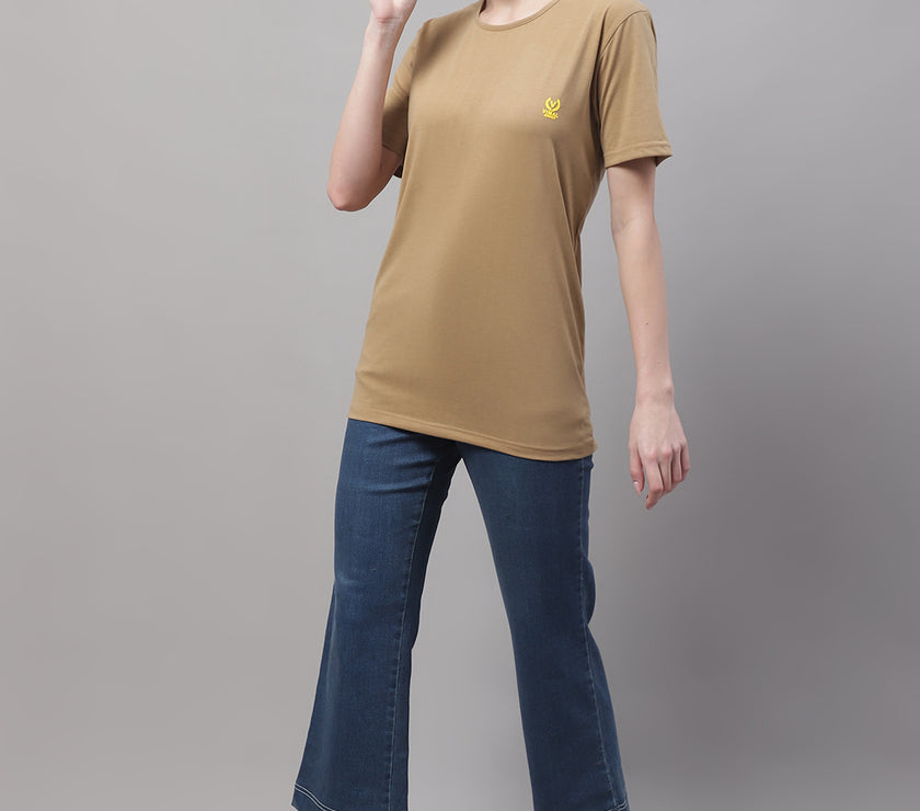 Vimal Jonney Round Neck Cotton Solid Mud T-Shirt for Women