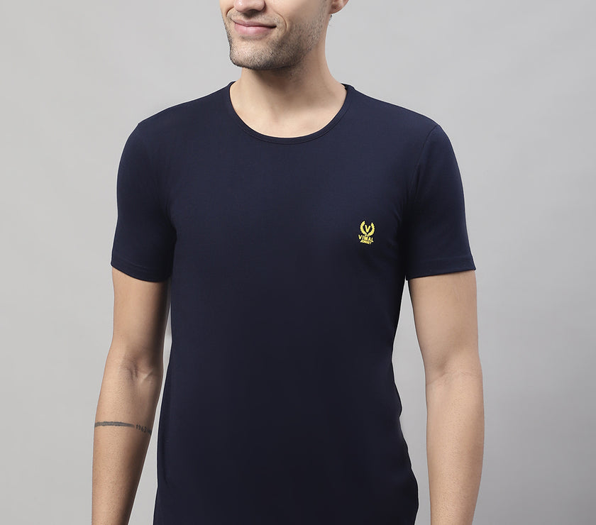 Vimal Jonney Round Neck Cotton Solid Navy Blue T-Shirt for Men