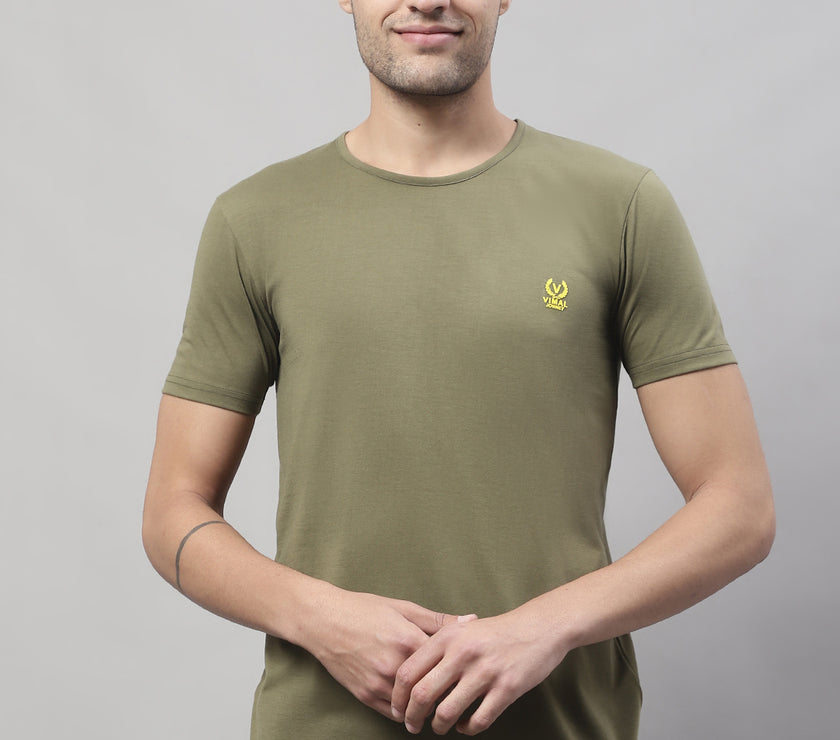 Vimal Jonney Round Neck Cotton Solid Olive T-Shirt for Men