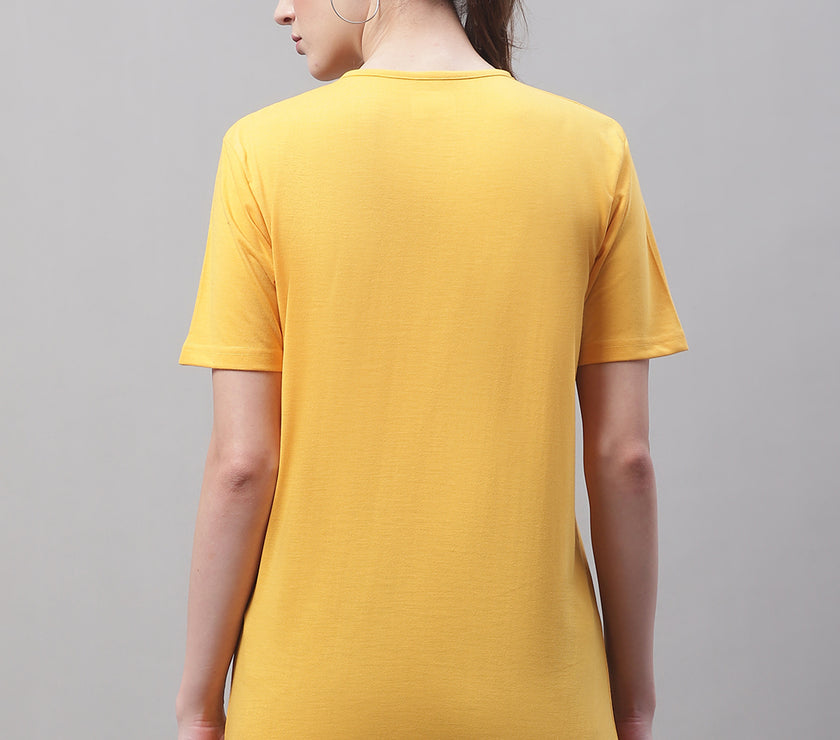 Vimal Jonney Round Neck Cotton Printed Yellow T-Shirt for Women