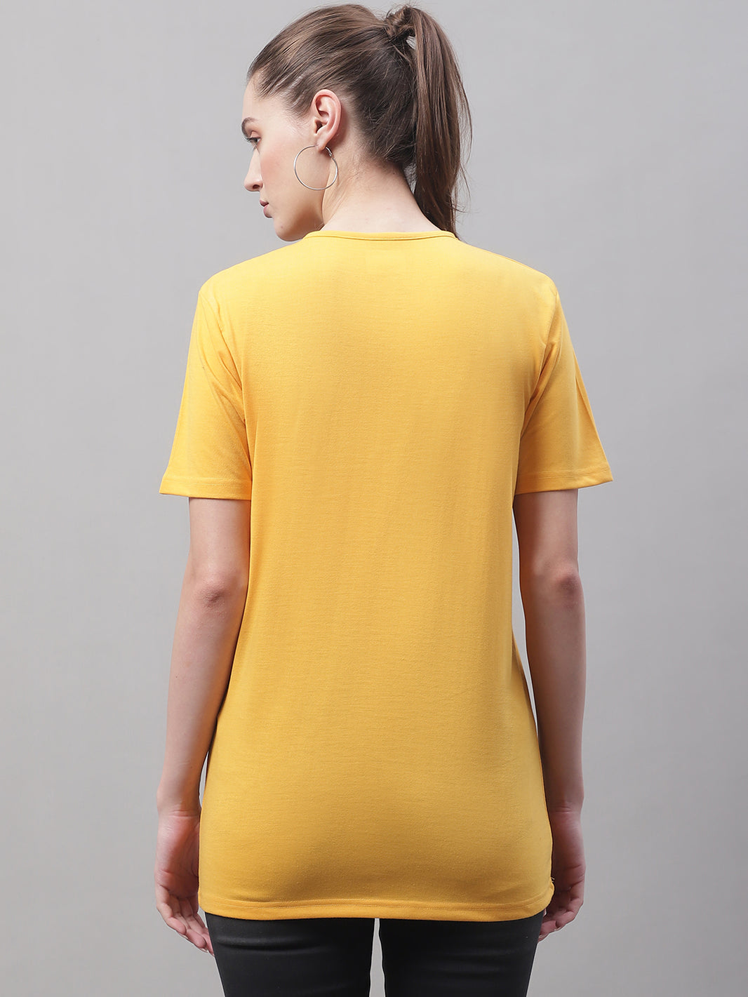Vimal Jonney Round Neck Cotton Printed Yellow T-Shirt for Women