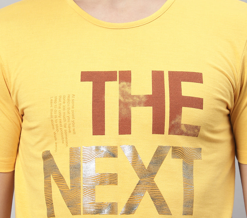 Vimal Jonney Round Neck Cotton Printed Yellow T-Shirt for Men